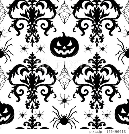 Elegant Halloween Damask Pattern: Spooky Spiders, Jack-o'-lanterns, and Intricate Black and White Design Elegant Halloween Damask Pattern: Spooky Spiders, Jack-o'-lanterns, and Intricate Black and White Design 126496418