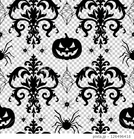 Elegant Halloween Damask Pattern: Spooky Spiders, Jack-o'-lanterns, and Intricate Black and White Design Elegant Halloween Damask Pattern: Spooky Spiders, Jack-o'-lanterns, and Intricate Black and White Design 126496418