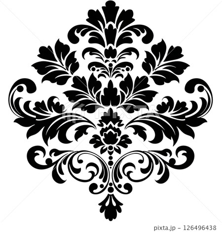 Elegant Black and White Damask Pattern Design, Classic Floral Ornament, Vintage Baroque Style, Symmetrical Design Element, Intricate Detail, Ornate Decoration, Floral Motif 126496438