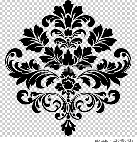 Elegant Black and White Damask Pattern Design, Classic Floral Ornament, Vintage Baroque Style, Symmetrical Design Element, Intricate Detail, Ornate Decoration, Floral Motif 126496438