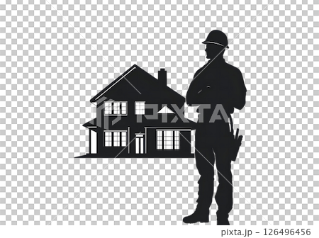 Home Construction: Silhouette of a Builder and New House 126496456