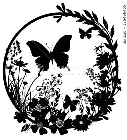 Elegant Black and White Floral Wreath with Butterflies Elegant Black and White Floral Wreath with Butterflies 126496465