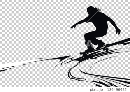 Silhouette of a Skateboarder Riding Down a Hill Towards a Cityscape Backdrop of Mountains 126496485