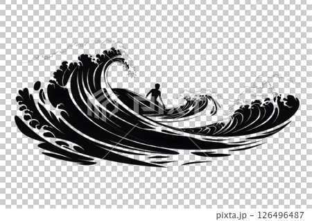 Surfer Silhouette in Monochrome Ocean Waves: A Powerful Black and White Graphic Surfer Silhouette in Monochrome Ocean Waves: A Powerful Black and White Graphic 126496487