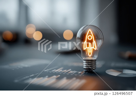 Abstract composition with glowing lightbulb emitting creative ideas in business environment 126496507