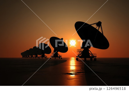 Futuristic Satellite Dish Array in Remote Desert at Sunset with Silhouetted Structures Futuristic Satellite Dish Array in Remote Desert at Sunset with Silhouetted Structures 126496518