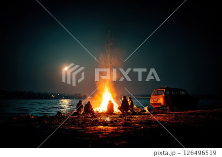 Friends Gather Around Bonfire at Night on Beach Under Full Moon by the Water Friends Gather Around Bonfire at Night on Beach Under Full Moon by the Water 126496519