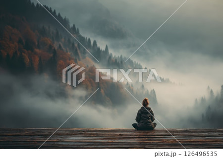 Tranquil Woman Meditating on Wooden Platform Surrounded by Foggy Mountains and Autumn Forest Tranquil Woman Meditating on Wooden Platform Surrounded by Foggy Mountains and Autumn Forest 126496535