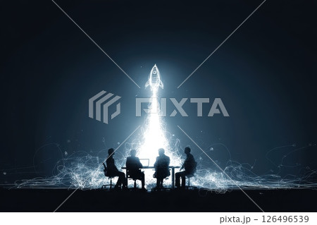 Digital Concept of a Team Planning Rocket Launch with Blueprint in a Creative Setting Digital Concept of a Team Planning Rocket Launch with Blueprint in a Creative Setting 126496539