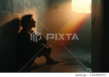 Man Sitting on Bathroom Floor Looking Overwhelmed in Soft Natural Light and Gentle Rain Man Sitting on Bathroom Floor Looking Overwhelmed in Soft Natural Light and Gentle Rain 126496547