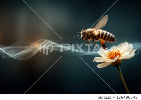Bee Hovering Near a Glowing Flower Surrounded by Soft Light and Nature Elements Bee Hovering Near a Glowing Flower Surrounded by Soft Light and Nature Elements 126496548