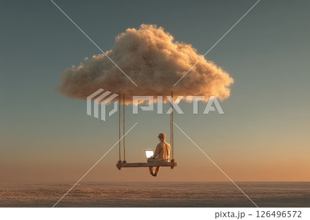 Man on Swing Hanging from Cloud Casually Typing on Laptop in Serene Sunset Setting 126496572
