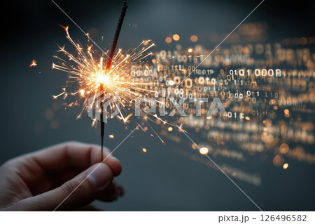 Hand Holding Glowing Sparkler with Bright Sparks and Background of Binary Numbers 126496582
