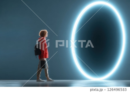 Animated Character with Briefcase Approaching a Digital Portal in a Futuristic Environment Animated Character with Briefcase Approaching a Digital Portal in a Futuristic Environment 126496583
