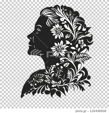 Floral Silhouette of a Woman's Profile: A Black and White Artistic Design 126496606