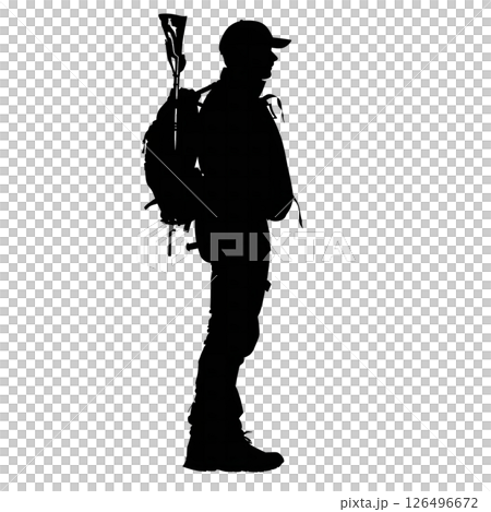 Silhouette of a Hiker with Backpack and Rifle Silhouette of a Hiker with Backpack and Rifle 126496672