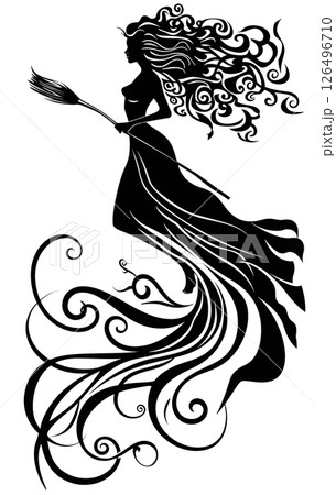Elegant Silhouette of a Witch on a Broomstick, Swirling Design Elegant Silhouette of a Witch on a Broomstick, Swirling Design 126496710