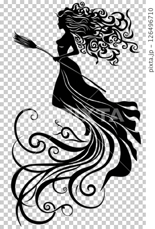 Elegant Silhouette of a Witch on a Broomstick, Swirling Design Elegant Silhouette of a Witch on a Broomstick, Swirling Design 126496710