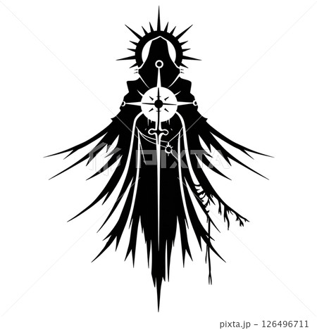 Mysterious Hooded Figure with Radiant Halo and Cross Emblem: A Monochrome Gothic Fantasy Illustration Mysterious Hooded Figure with Radiant Halo and Cross Emblem: A Monochrome Gothic Fantasy Illustration 126496711