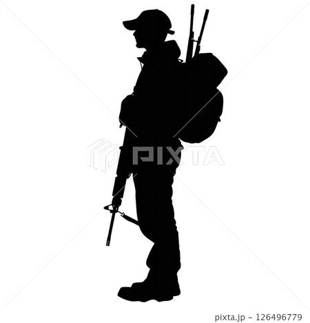 Silhouette of a Soldier with a Backpack and Rifle 126496779