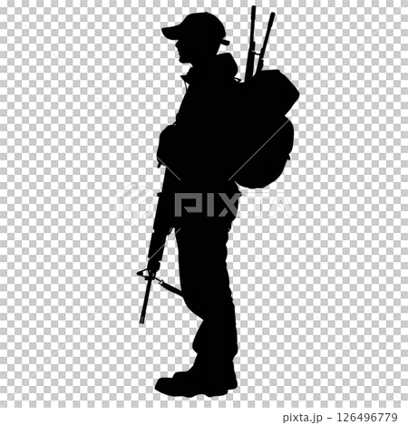 Silhouette of a Soldier with a Backpack and Rifle 126496779