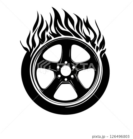 Fiery Wheel: A Black and White Illustration of a Burning Tire 126496803