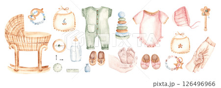 Newborn Baby set for boy and girl. Cradle, Toys and cute Infant accessories, metrics, Mother and Baby Hands and Feet in pastel colors. Watercolor hand drawn illustration in eco style. For invitations Newborn Baby set for boy and girl. Cradle, Toys and cute Infant accessories, metrics, Mother and Baby Hands and Feet in pastel colors. Watercolor hand drawn illustration in eco style. For invitations 126496966