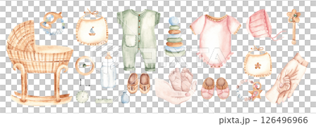 Newborn Baby set for boy and girl. Cradle, Toys and cute Infant accessories, metrics, Mother and Baby Hands and Feet in pastel colors. Watercolor hand drawn illustration in eco style. For invitations Newborn Baby set for boy and girl. Cradle, Toys and cute Infant accessories, metrics, Mother and Baby Hands and Feet in pastel colors. Watercolor hand drawn illustration in eco style. For invitations 126496966
