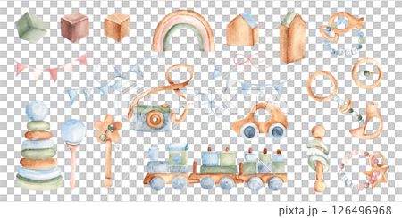 Wooden Eco Toys set for boy and girl. Car, Camera, Train, Cubes and Pyramid. Rattles and Teethers. Bunting blue and pink Party Flags. Watercolor Hand drawn Kids illustration in Vintage style isolated 126496968