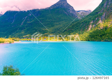 The shore of lake Oldevatnet. Beautiful nature of Norway. Oldedalen, Norway The shore of lake Oldevatnet. Beautiful nature of Norway. Oldedalen, Norway 126497165