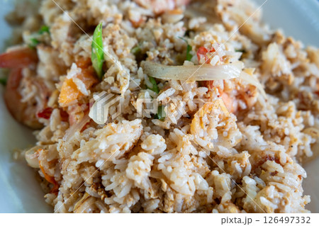 Fried rice with crab and shrimp served on plate Fried rice with crab and shrimp served on plate 126497332