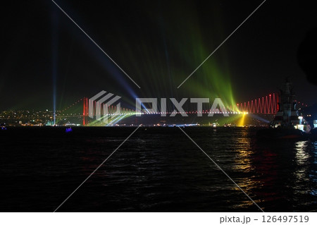 Fireworks over Istanbul Bosphorus during Turkish Republic Day celebrations. Bosphorus Bridge 126497519