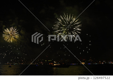 Fireworks over Istanbul Bosphorus during Turkish Republic Day celebrations. Bosphorus Bridge 126497522