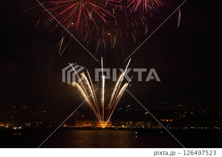 Fireworks over Istanbul Bosphorus during Turkish Republic Day celebrations. Bosphorus Bridge Fireworks over Istanbul Bosphorus during Turkish Republic Day celebrations. Bosphorus Bridge 126497523