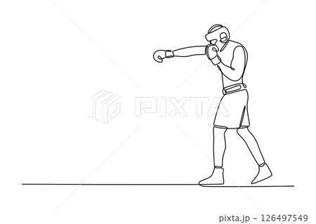 Single one line drawing young man boxer wearing protective head guard and boxing gloves practicing for fight. Concept of sport and healthy lifestyle. Continuous line design graphic vector illustration 126497549