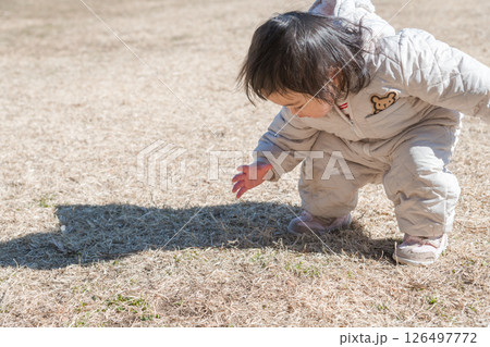 【相模原市立麻溝公園の芝生広場で遊ぶ1歳児　しゃがむ】 126497772