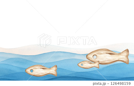 Horizontal frame with stylized waves and wooden fish figures. A watercolor template with an empty place to insert. Isolated. Marine theme. 126498159