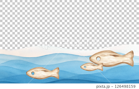 Horizontal frame with stylized waves and wooden fish figures. A watercolor template with an empty place to insert. Isolated. Marine theme. 126498159