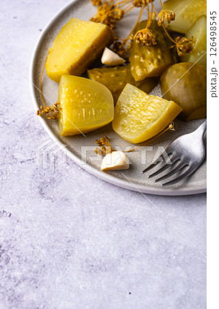 Bowl of pickled marinated cucumbers Bowl of pickled marinated cucumbers 126498545