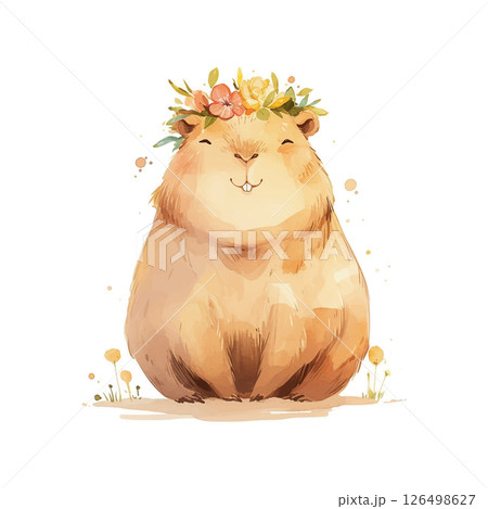 Cute capybara with flower crown enjoying a sunny day in a vibrant meadow 126498627