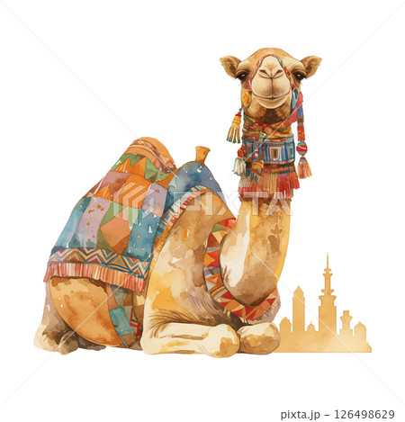 Colorful camel resting near city skyline during sunset in a desert landscape with artistic touches 126498629