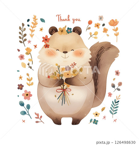 Cute cartoon squirrel holding flowers with a thank you message surrounded by colorful flowers in a playful design 126498630