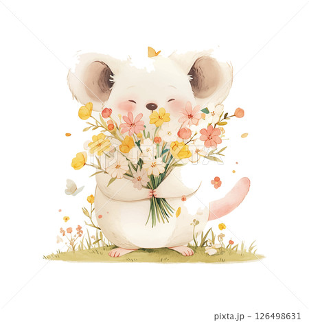 Cute mouse holding a bouquet of colorful flowers in a whimsical, cheerful setting 126498631