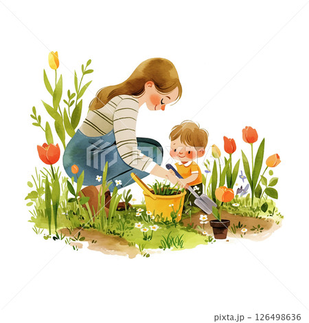 Mother and son gardening together, planting flowers in a colorful garden during a sunny afternoon in spring 126498636