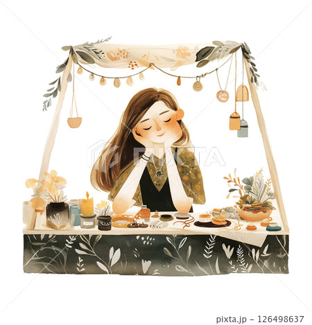 Young woman at a craft market stall selling handmade jewelry and accessories in a cozy setting 126498637