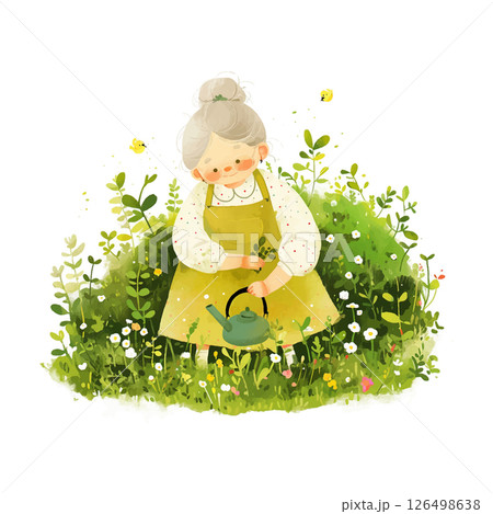 Elderly woman watering plants in a lush garden filled with green foliage and blooming flowers during a sunny day 126498638