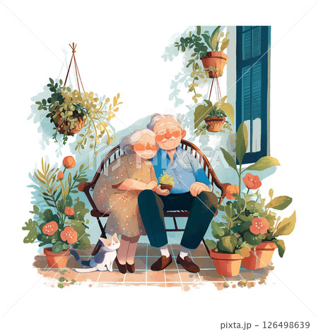 Elderly couple enjoying time together on a sunny patio surrounded by plants and a cat 126498639