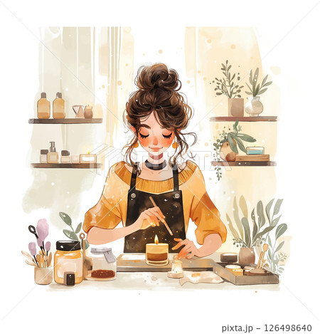 Creative baker decorates a cake in a cozy kitchen filled with natural light and plants during a sunny afternoon 126498640