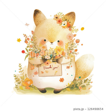 Cute fox character holding a bouquet of flowers and a thank you sign in a vibrant floral design 126498654