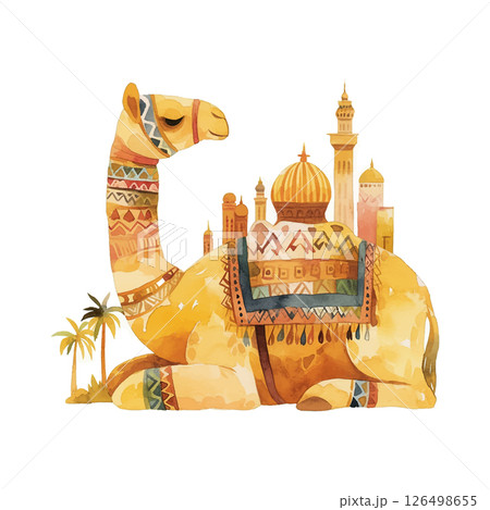 Colorful illustration of a resting camel with an Arabic cityscape in the background during daytime in a desert setting 126498655